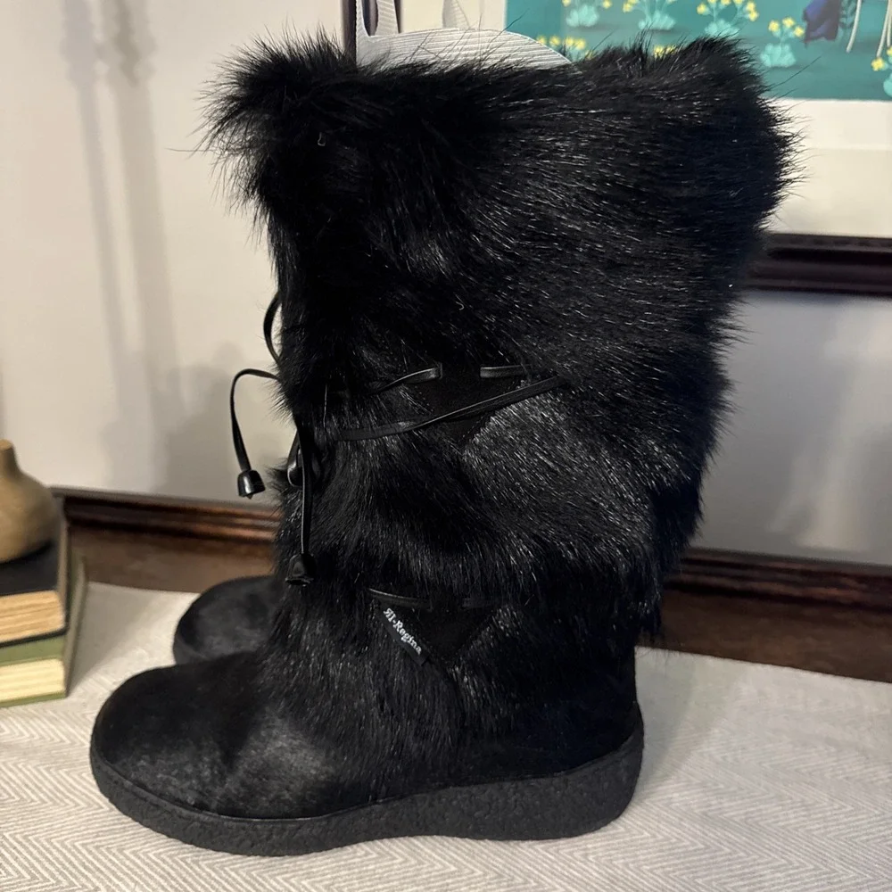 Regina Anna Black Goat Fur Water Repellent Boots Italy US 10 EU 41 Designer